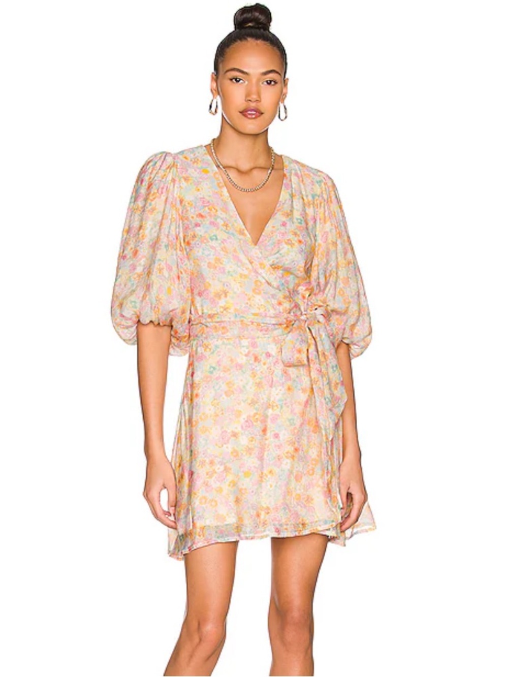 MINKPINK Elvire Floral Wrap Puff Sleeve Mini Dress Small